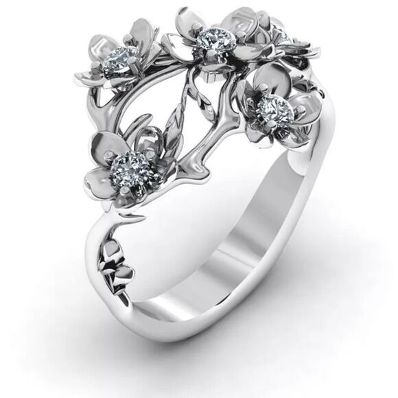 Plum Blossom Silver Flower Ring with Cubic Zirconia Stones Multiple Sizes Avail - Picture 4 of 5